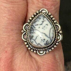 White Dendritic Agate Teardrop Ring in Silver
